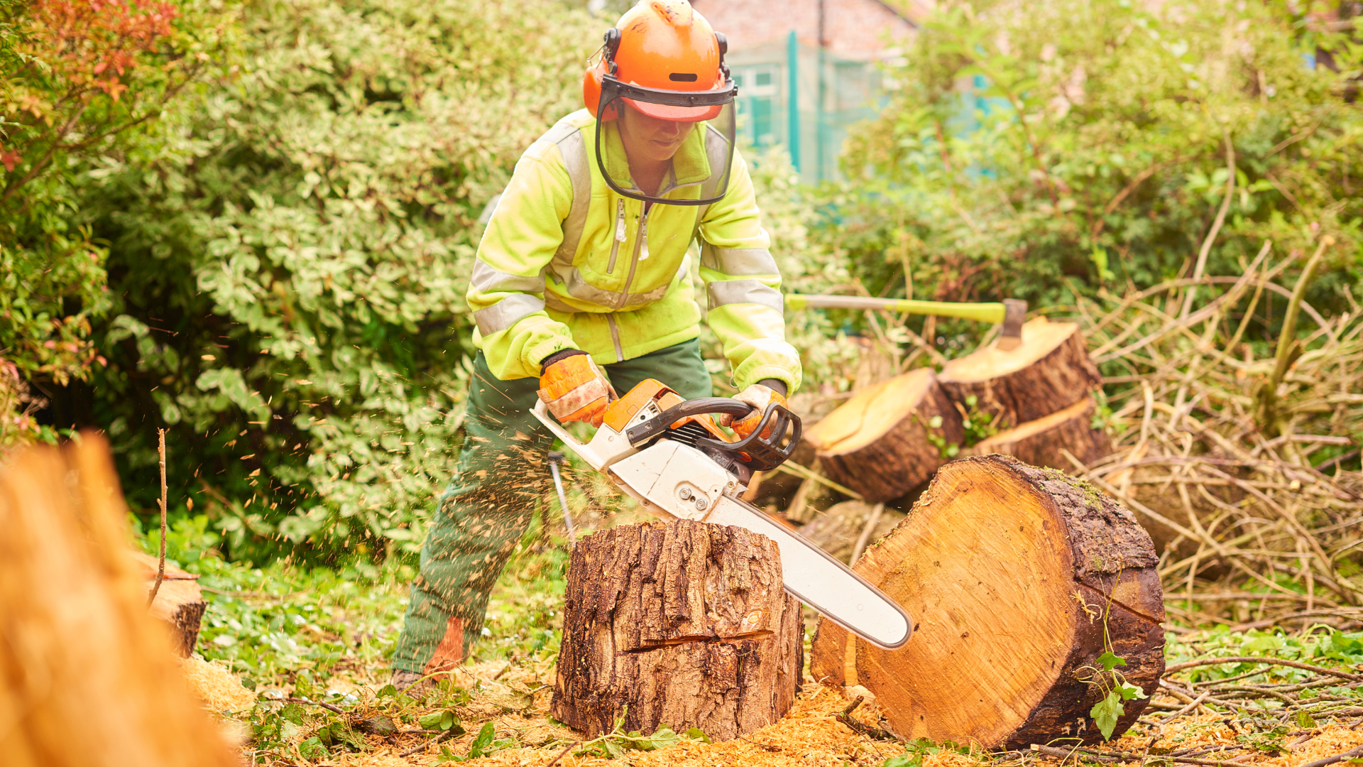 Person in safety gear using a chainsaw on a tree stump in a yard.