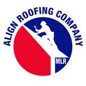 Algn Roofing Company logo with red, blue and white circle and worker silhouette, MLR initials