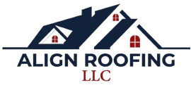 Logo for Align Roofing LLC featuring a dark blue roof icon with three red windows above the company name in blue text.