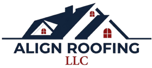 Logo for Align Roofing LLC featuring a dark blue roof icon with three red windows above the company name in blue text.