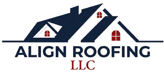 Logo for Align Roofing LLC featuring a dark blue roof icon with three red windows above the company name in blue text.