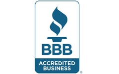 BBB Accredited Business logo, blue and white, with a stylized flame above the text 