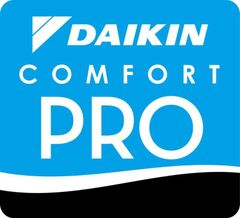 Daikin Comfort Pro logo with blue background, white text and logo icon, and a black bottom.