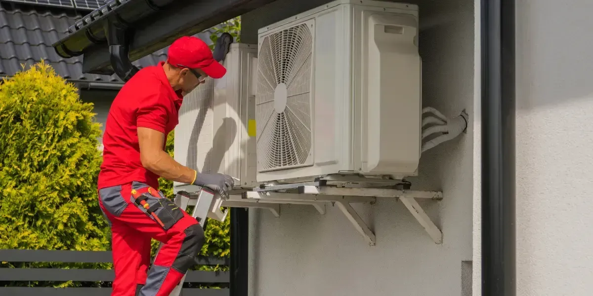A technician in red overalls installing an air conditioning unit on a white wall outdoors.