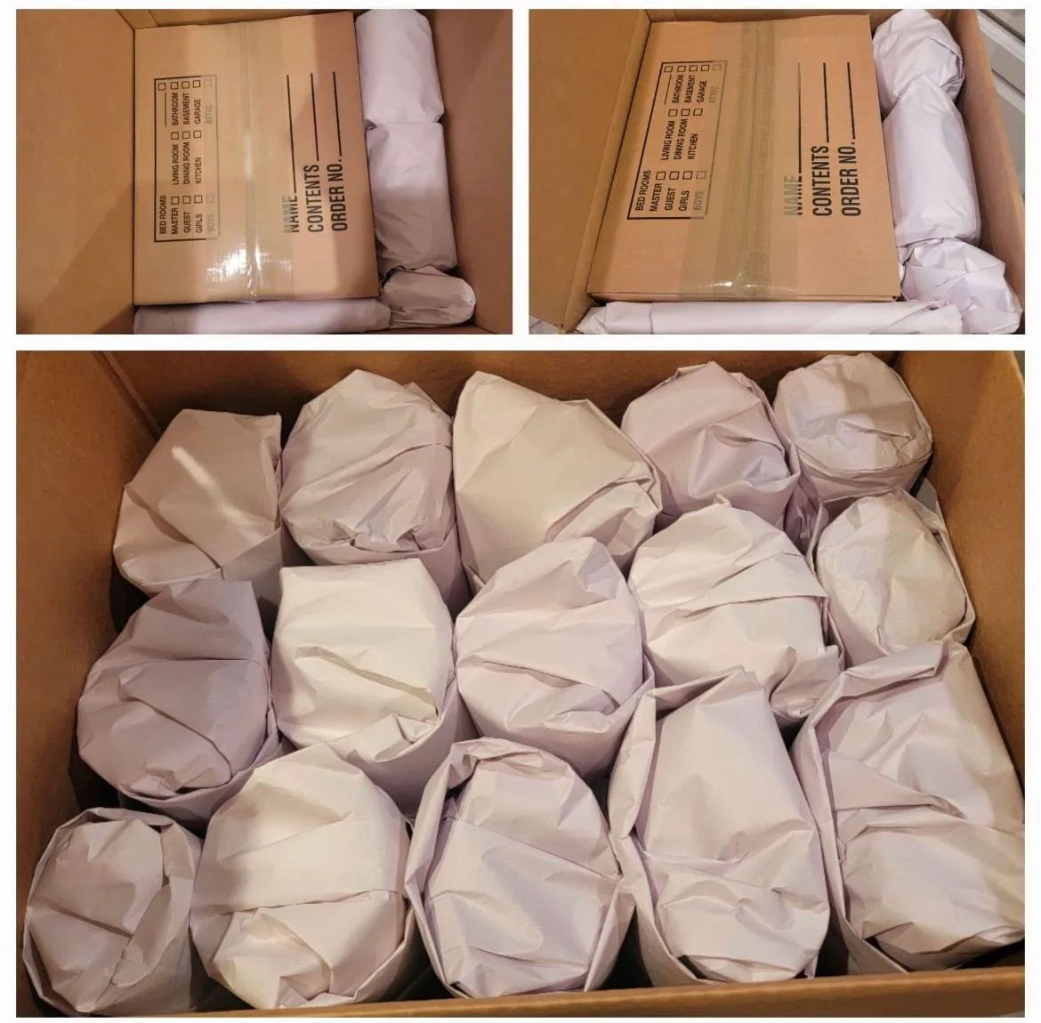 Boxes packed with items wrapped in white paper for shipping. The top two images show boxes
containi