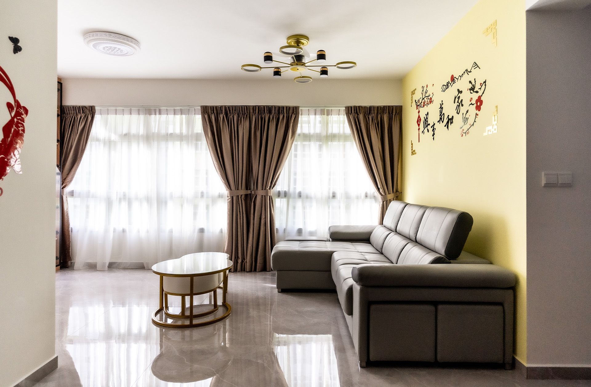 A living room with a couch and a coffee table