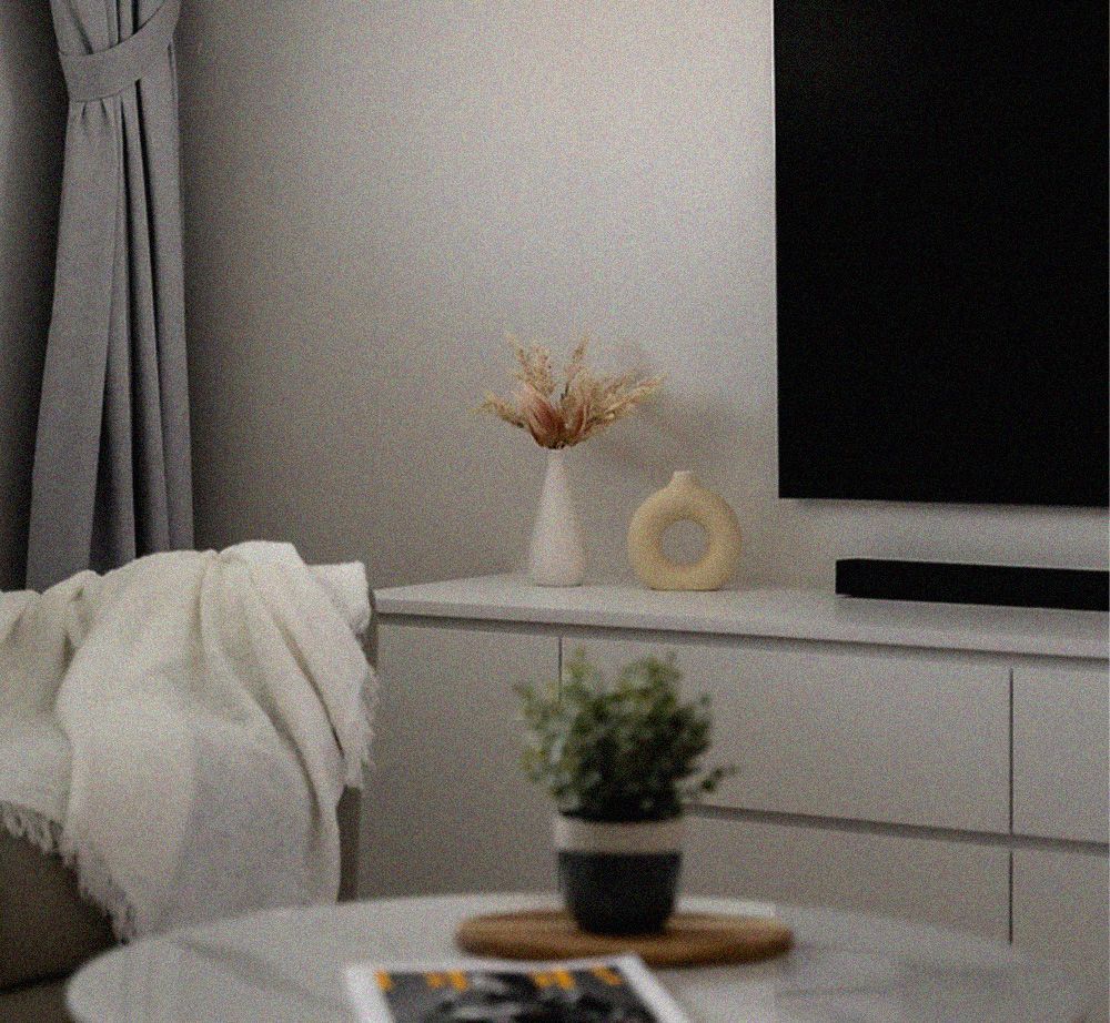 A living room with a tv and a plant on a table