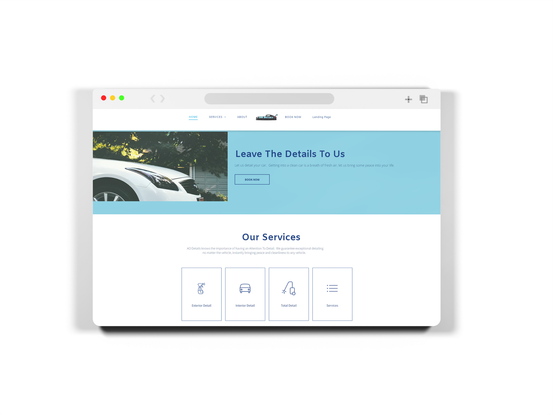 Website mockup on a laptop screen with a car service homepage. Blue and white design, car image.