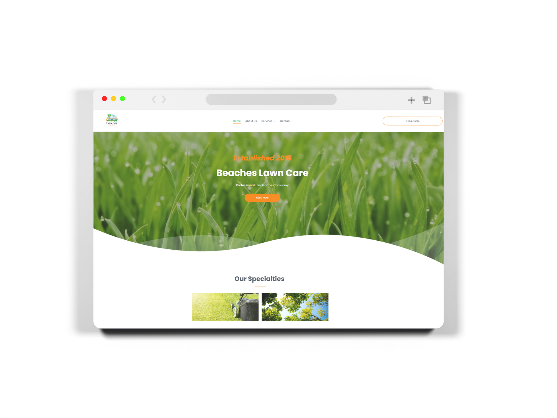 Website mockup with green grass background, orange call-to-action button.