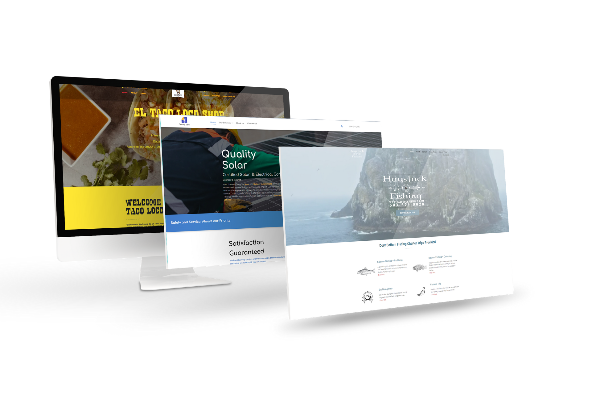 Three website mockups, showcasing different designs and content, against a white backdrop.