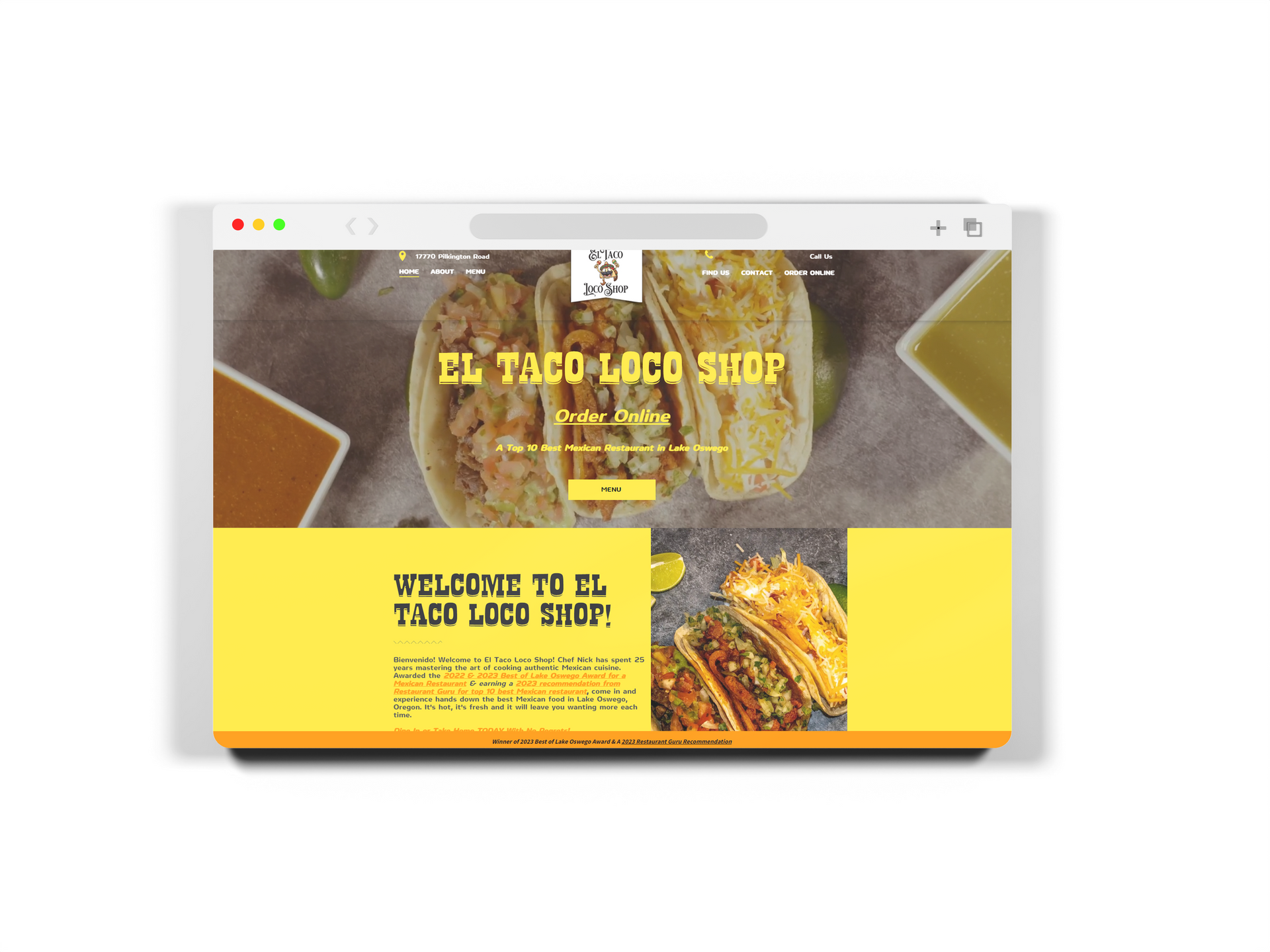 Website for El Taco Loco Shop, featuring tacos, yellow and gray color scheme.