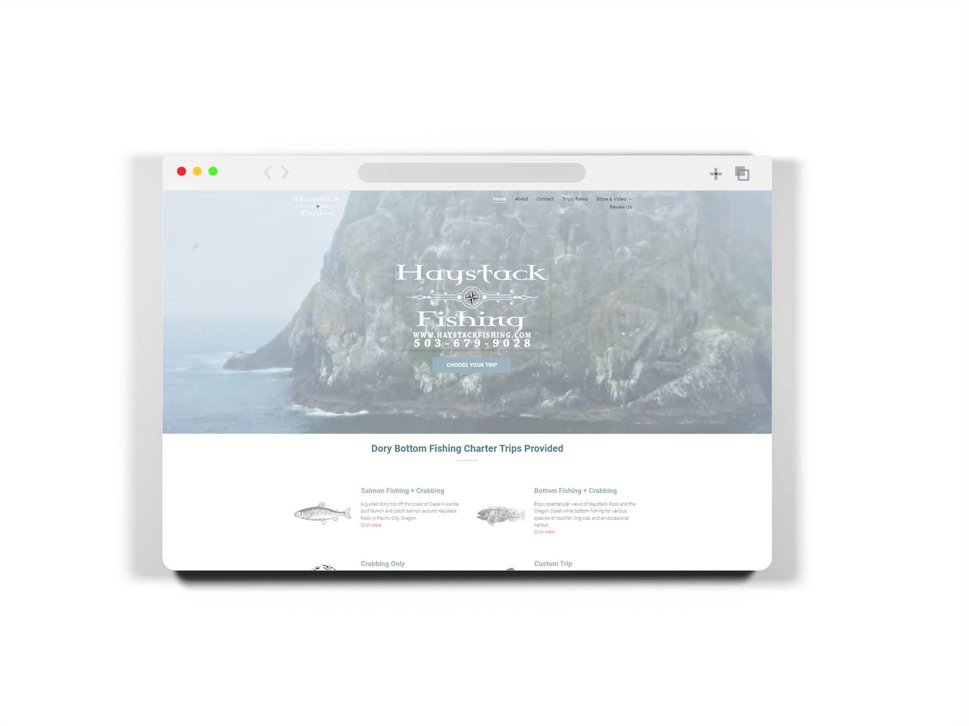 Haystack Fishing website on a desktop, showing a mountain landscape and fish illustrations.