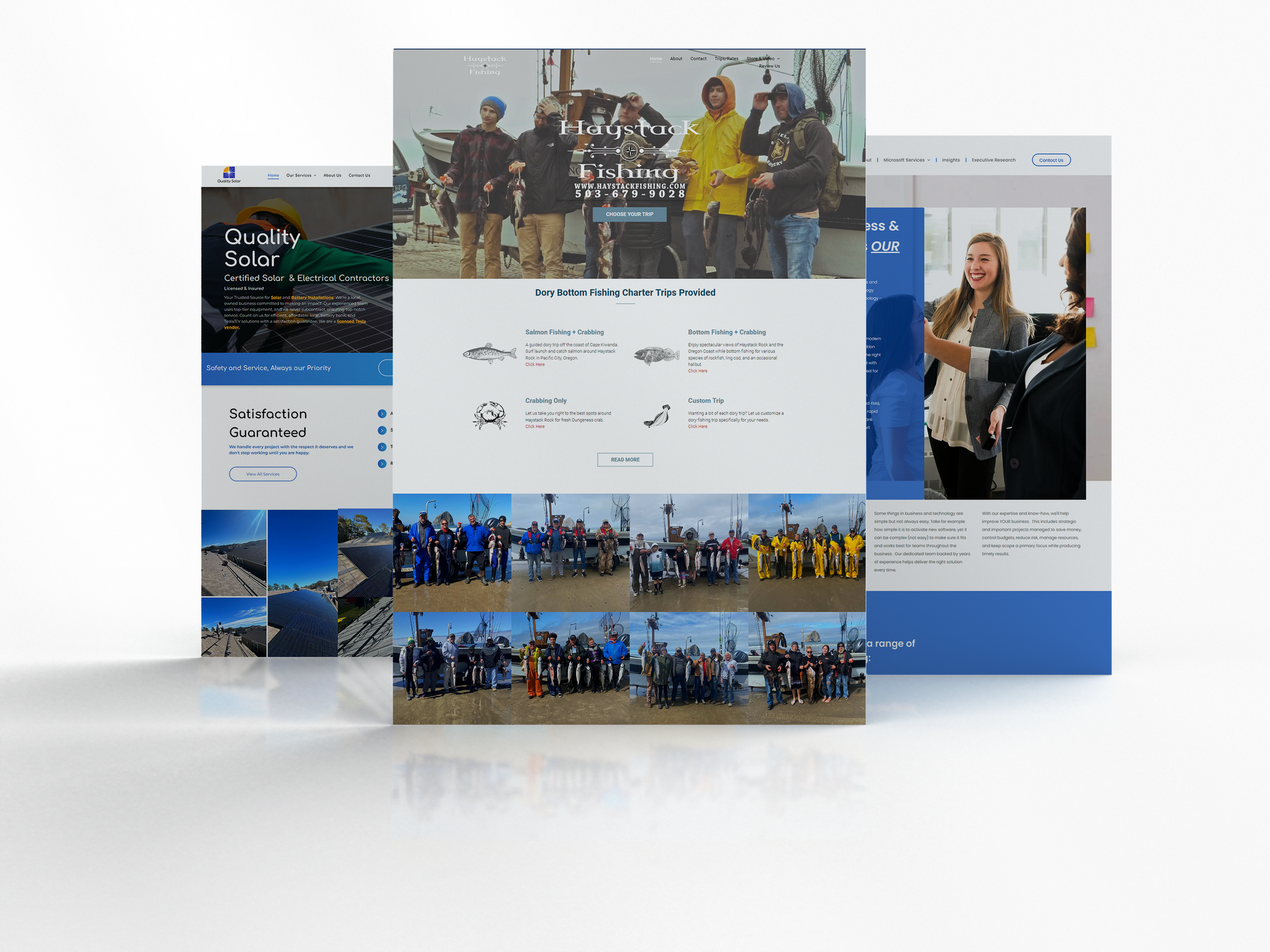 Three website mockups with people and content, using blue and white colors.