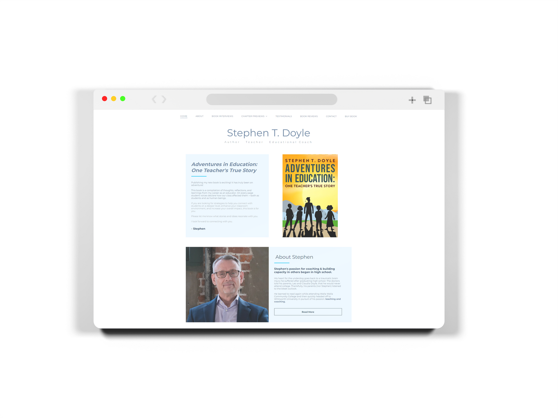 Website showcasing author Stephen T. Doyle, book covers, and photo of Doyle.