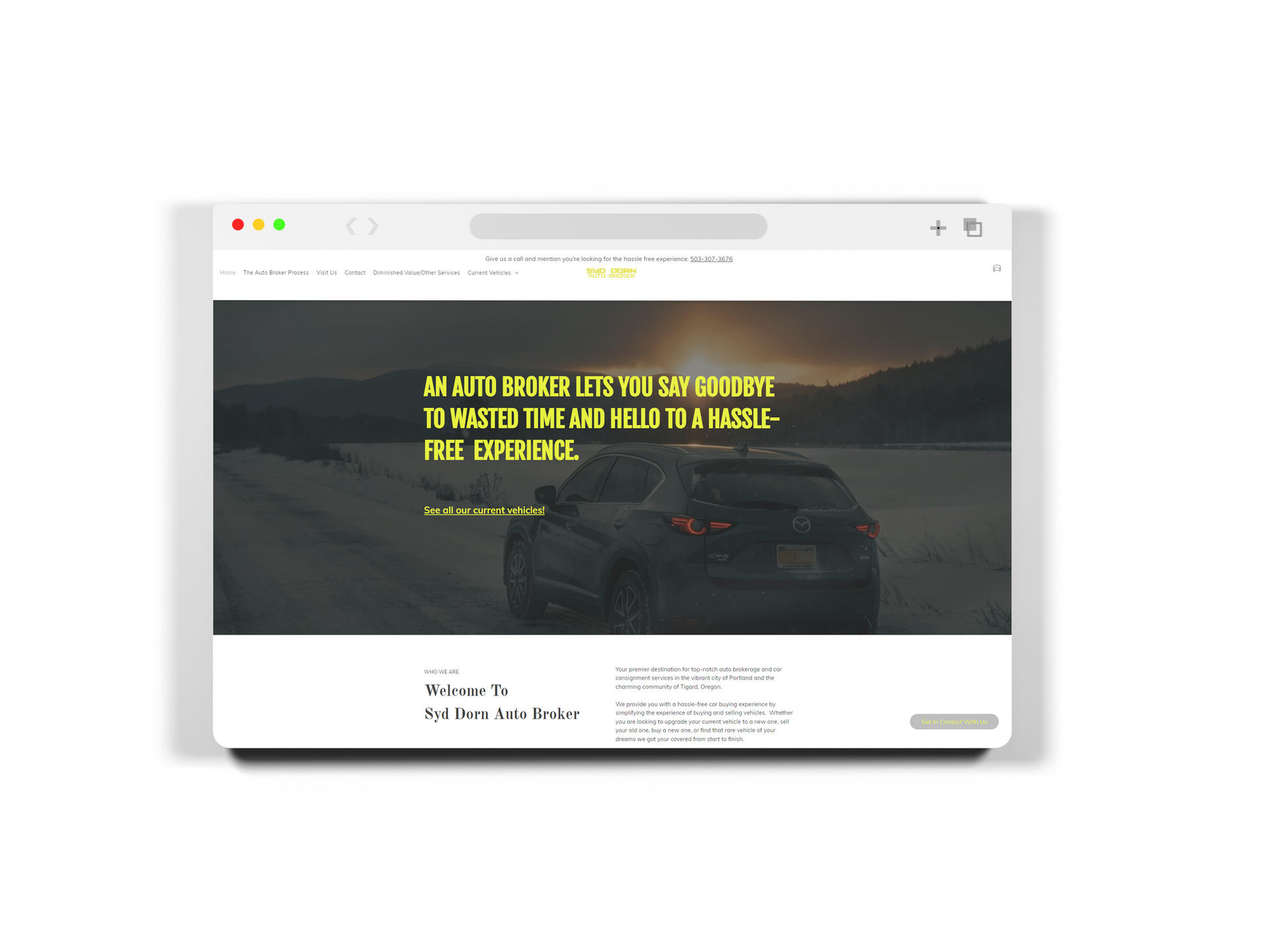 Website with car and quote on snowy road.