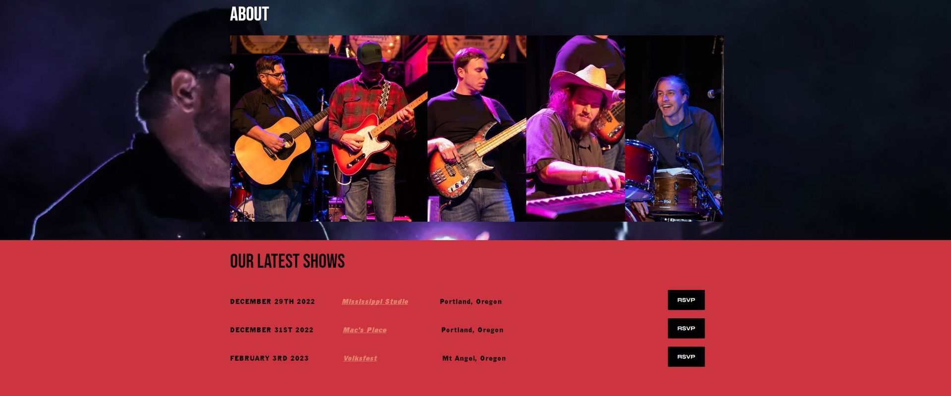 Band on stage, red background, text: Deep Dive East, songs, band members, black clothing, guitars, keyboard.