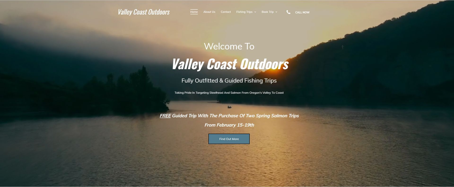 Welcome screen for Valley Coast Outdoors over a scenic body of water with a button that says 