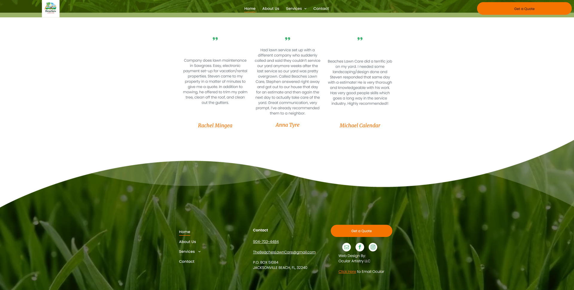 Website homepage with green grass background, orange call to action buttons and text.