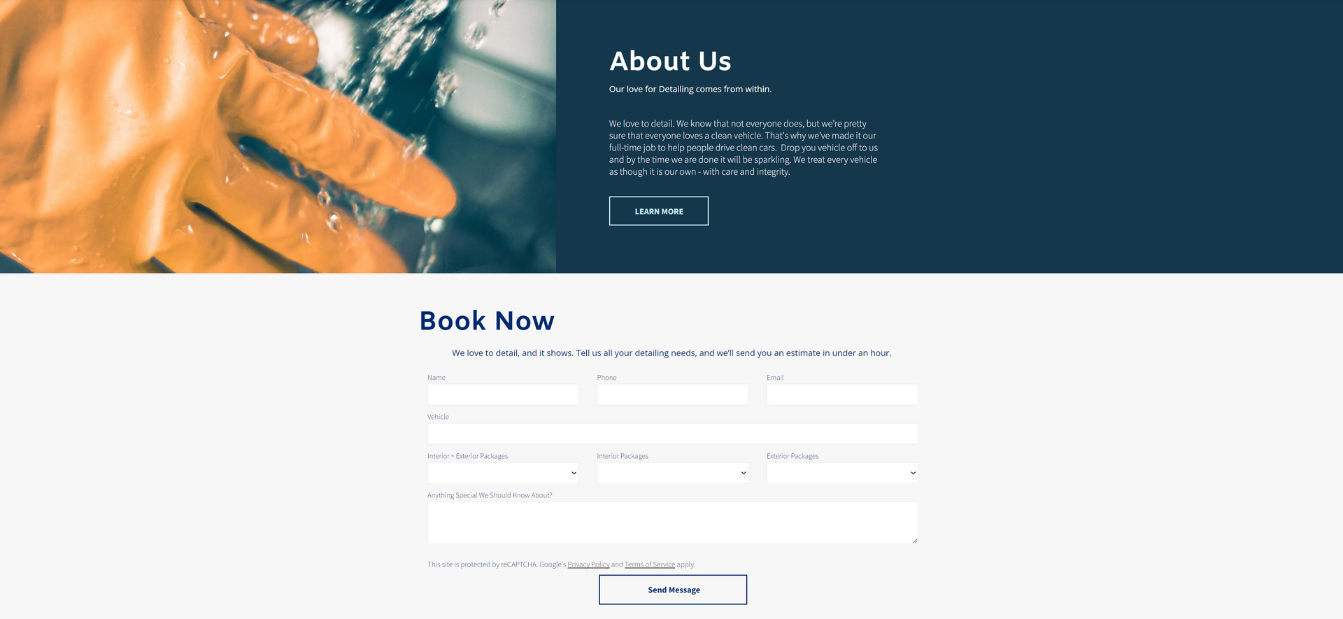 Website with a booking form and information about the business. A hand in a glove is in the background.