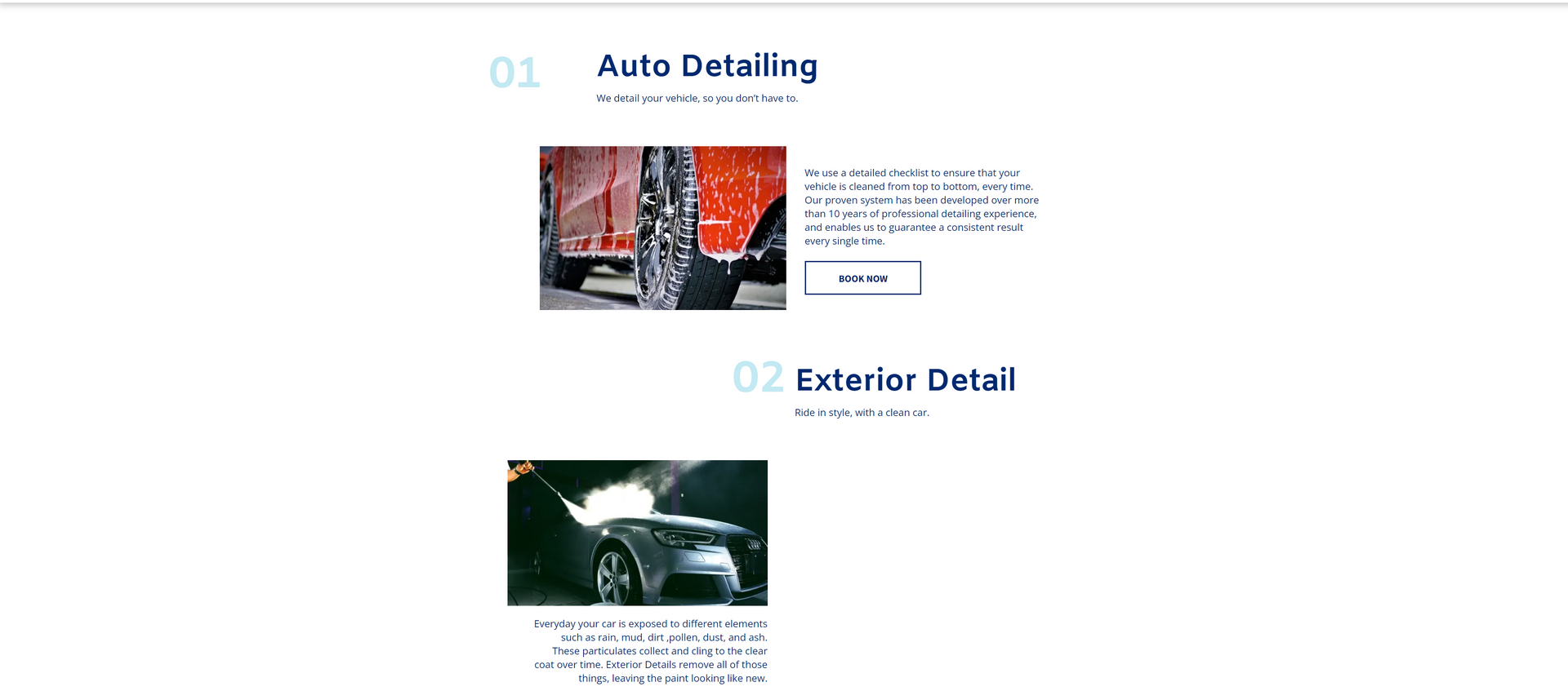 Webpage sections: Auto detailing with red truck tire, exterior detail with car wash.