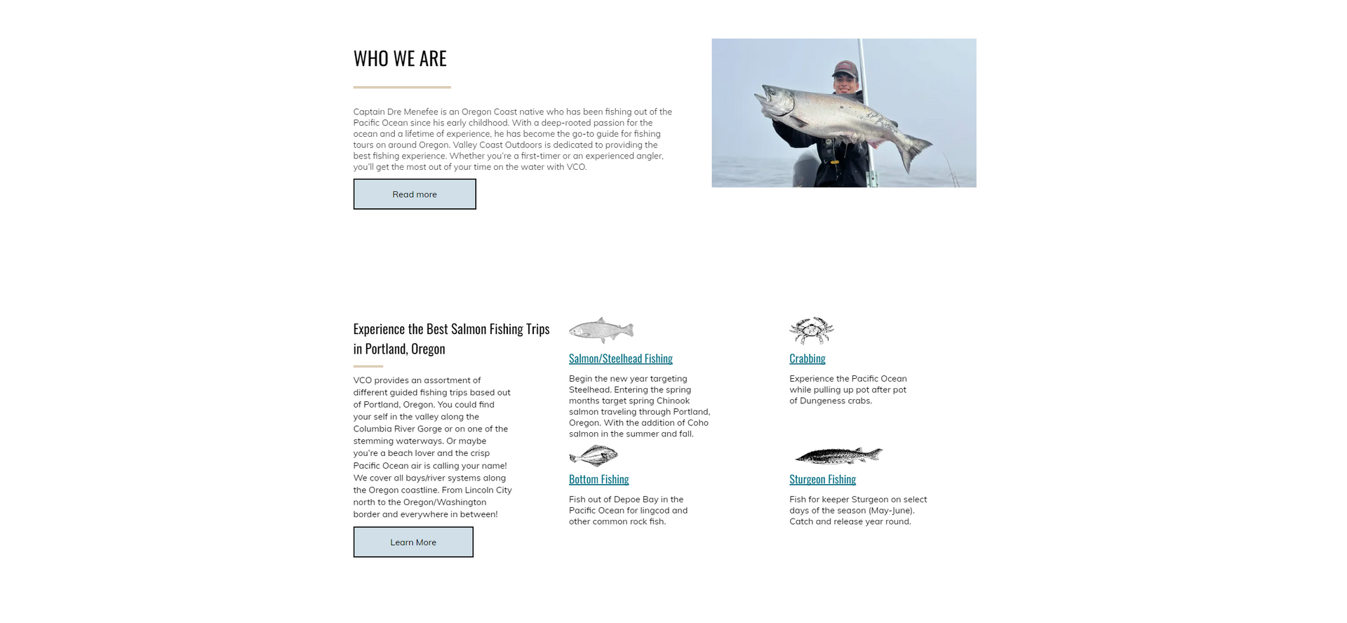 Website with text, a person holding a large fish, and fish illustrations.