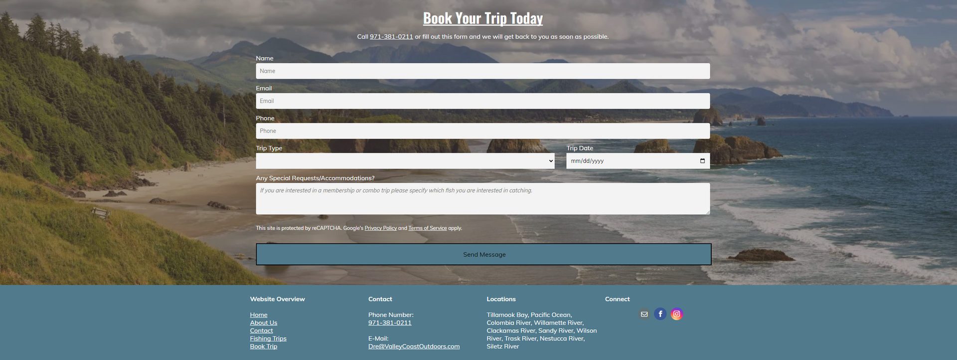 Webpage form with input fields over a coastal background; blue footer.