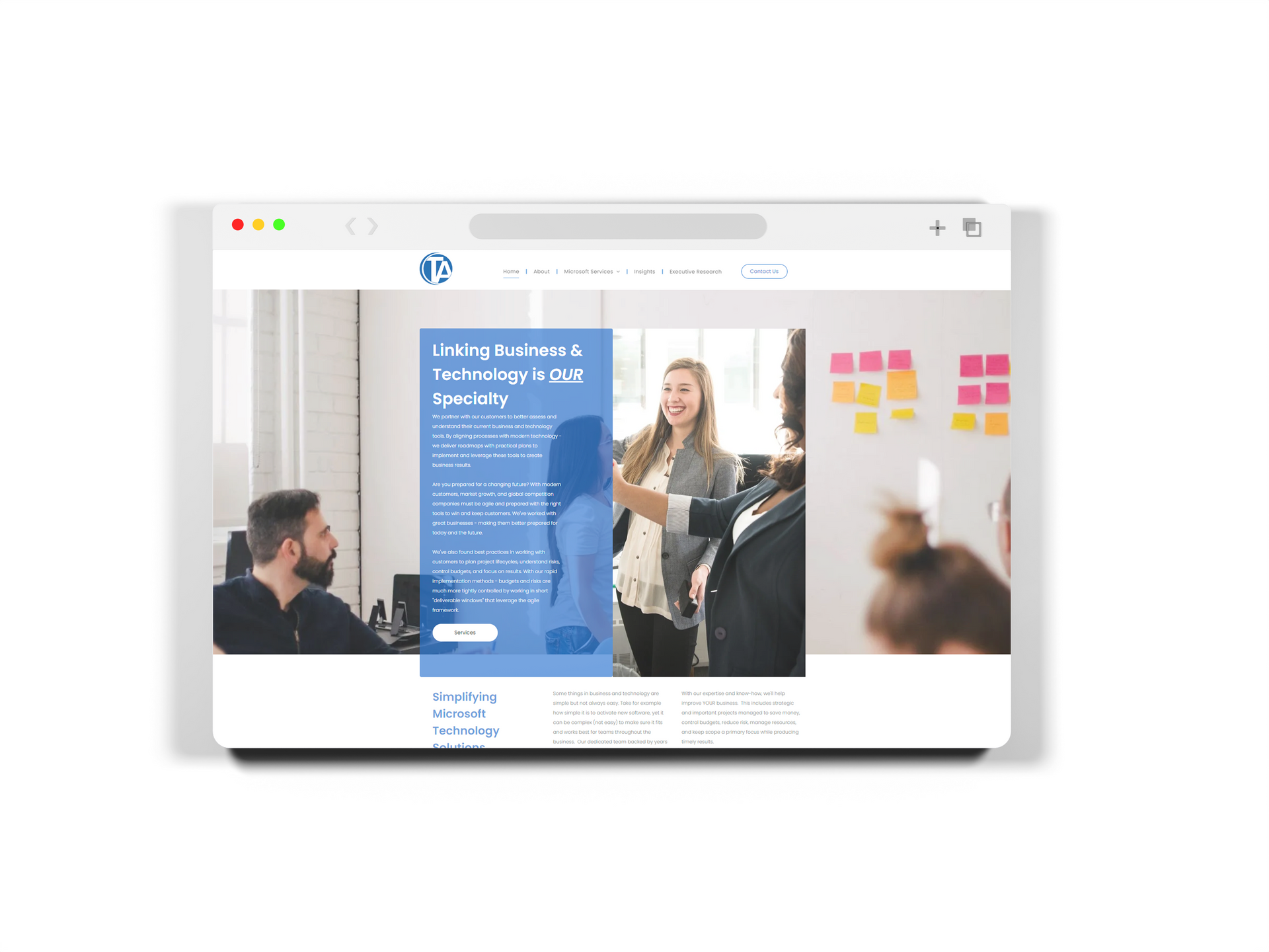 Website homepage with business people, modern office setting, blue accents.