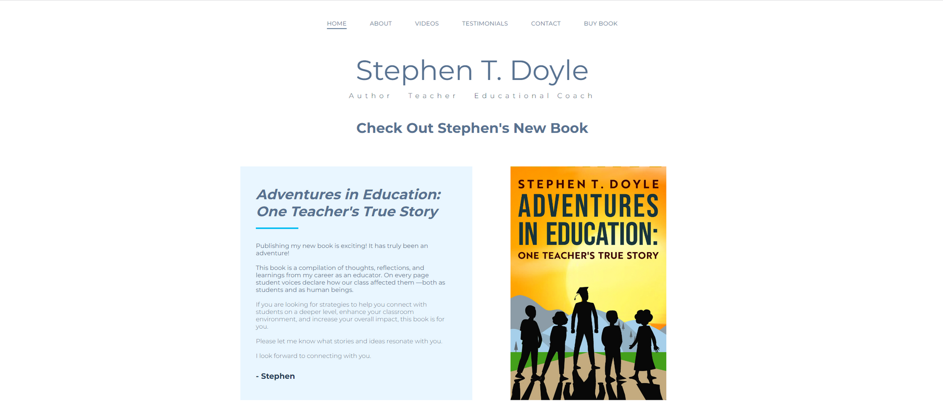 Website homepage for Stephen T. Doyle with a book cover of 