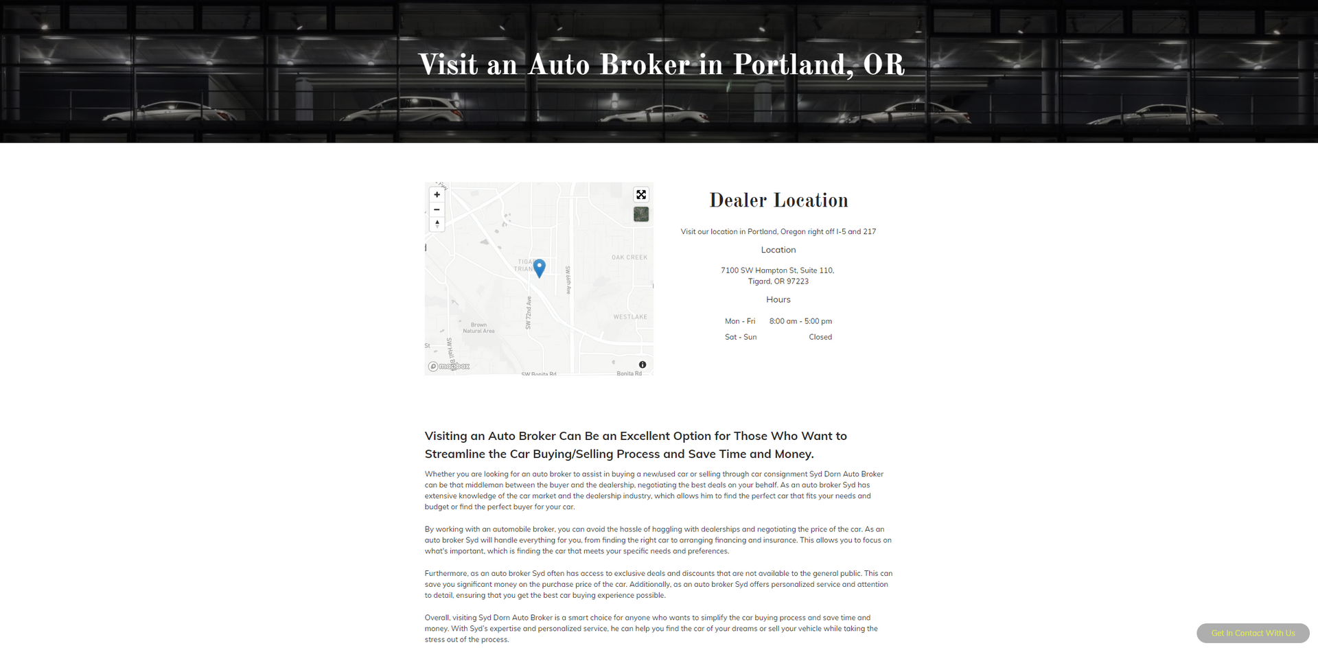 Website showing a map and contact info for a car broker in Portland, OR.