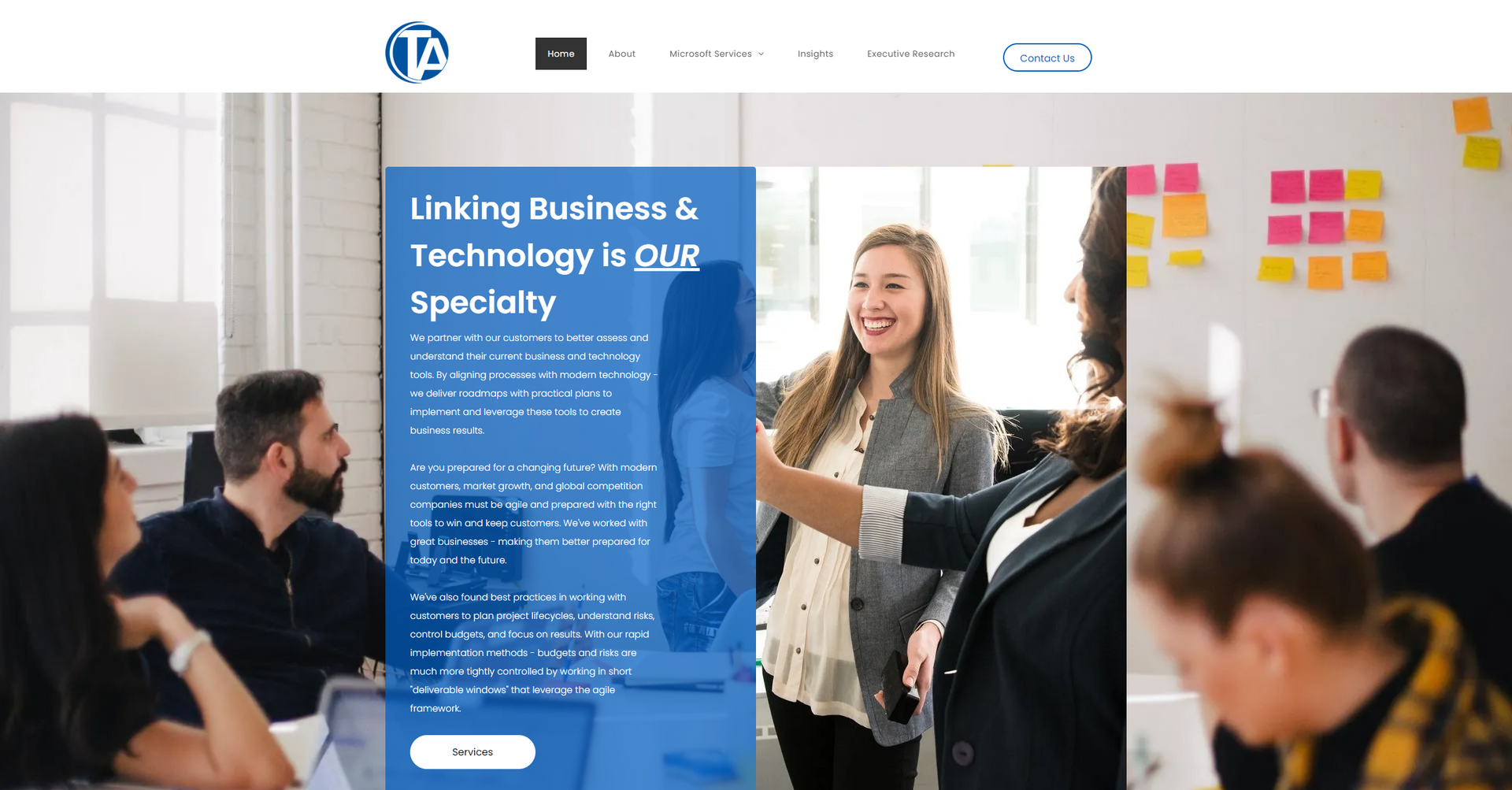 Team members in office setting, one woman shaking hands, blue and white accents.