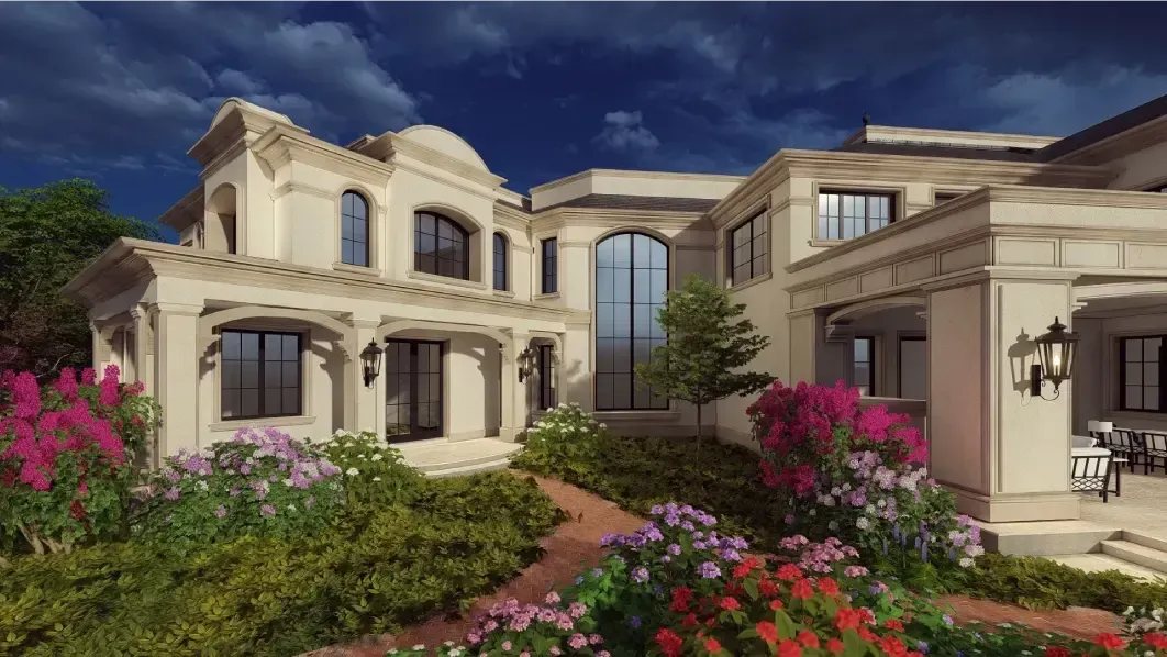 A large house with a lot of windows and flowers in front of it.