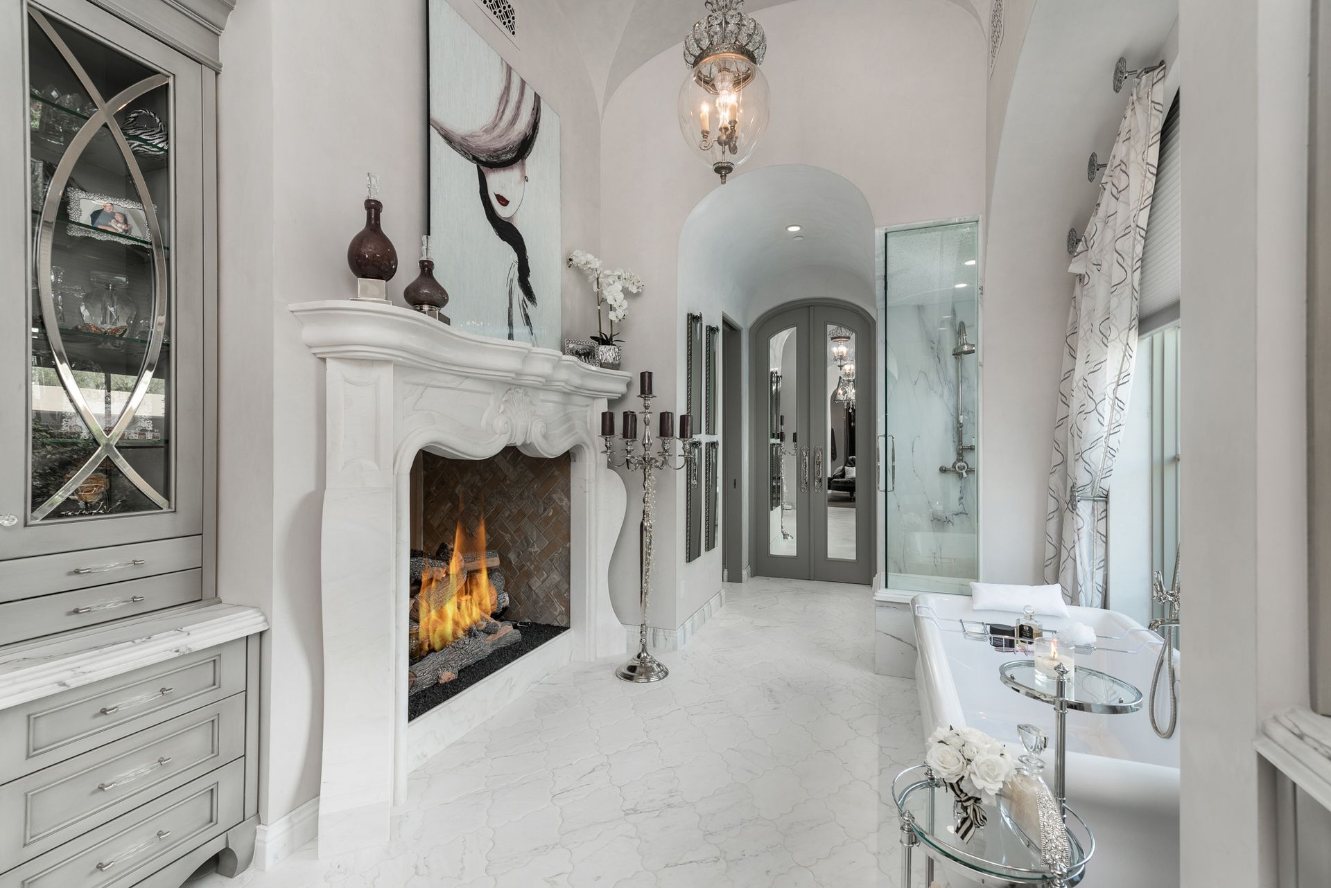 master bathroom with fireplace