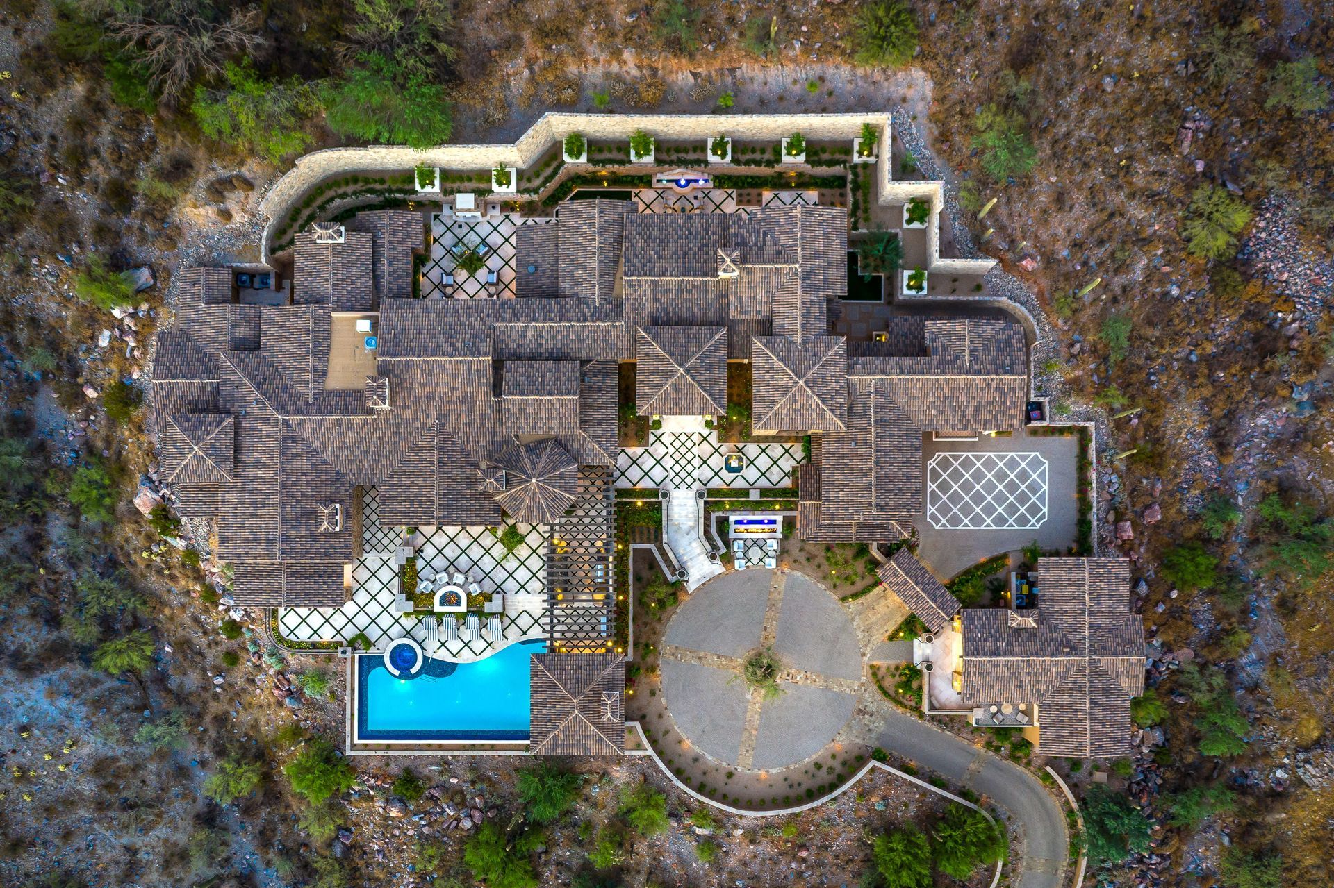 aerial view of a large estate on a mountain