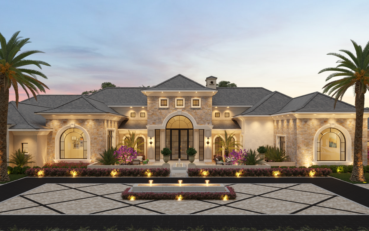 A large house with a swimming pool in front of it