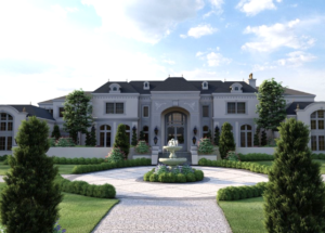 A large house with a fountain in front of it