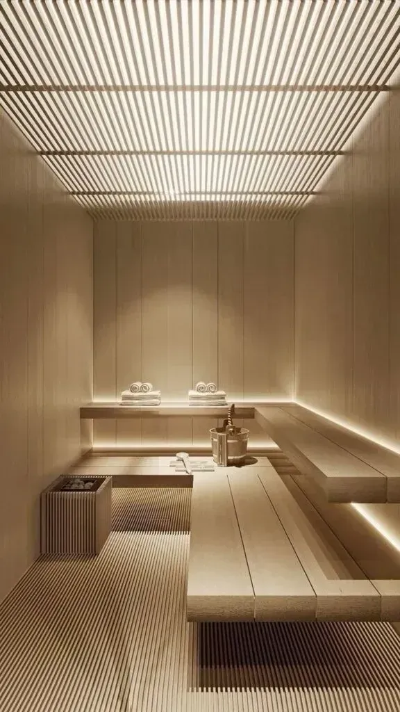 A 3d rendering of a modern sauna with a wooden bench and a striped ceiling.