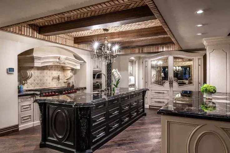 Kitchen and living room with brick ceiling and double islands