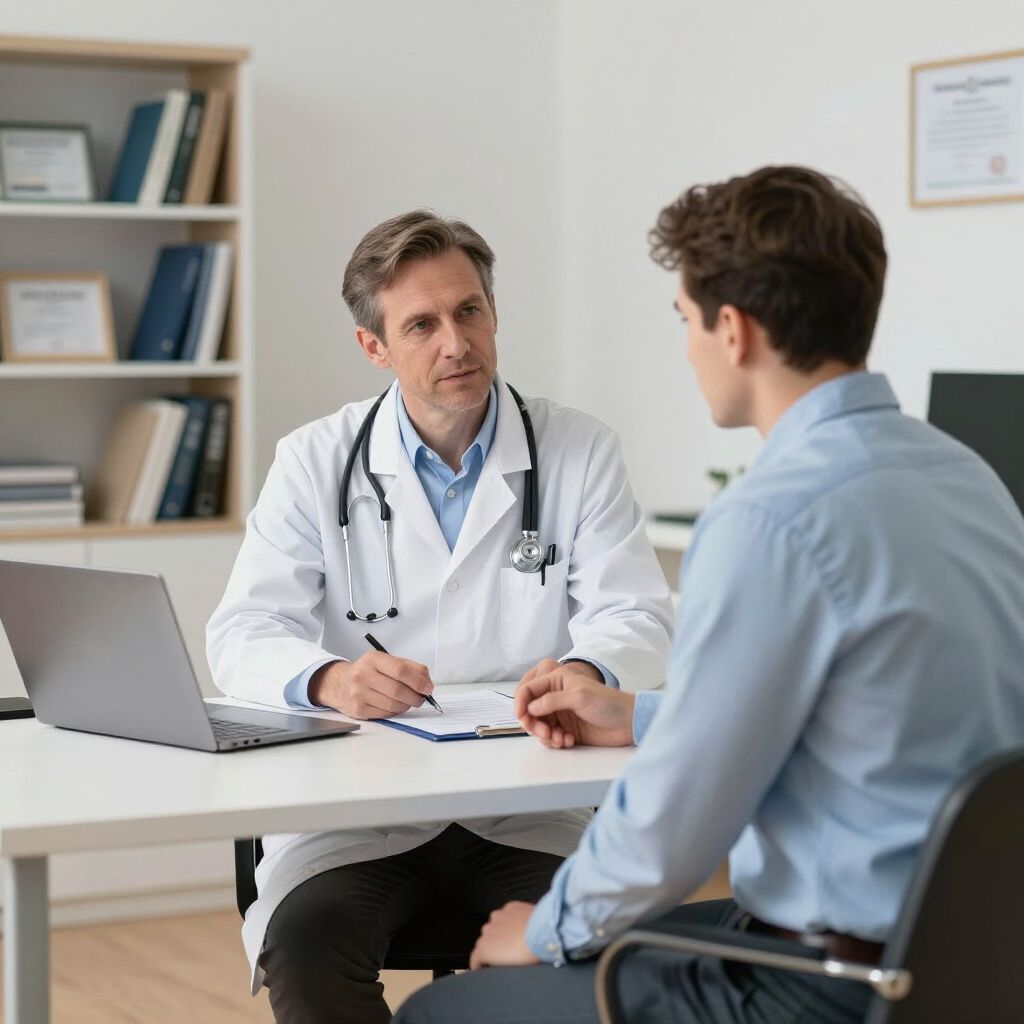 Een arts in een witte jas overlegt met een patiënt die aan een bureau in een kantoor zit.