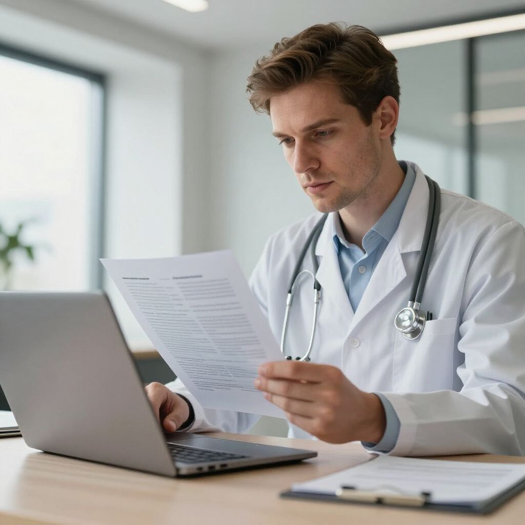 Een arts in een witte jas, met een stethoscoop, bekijkt papieren terwijl hij een laptop gebruikt in een kantoor.