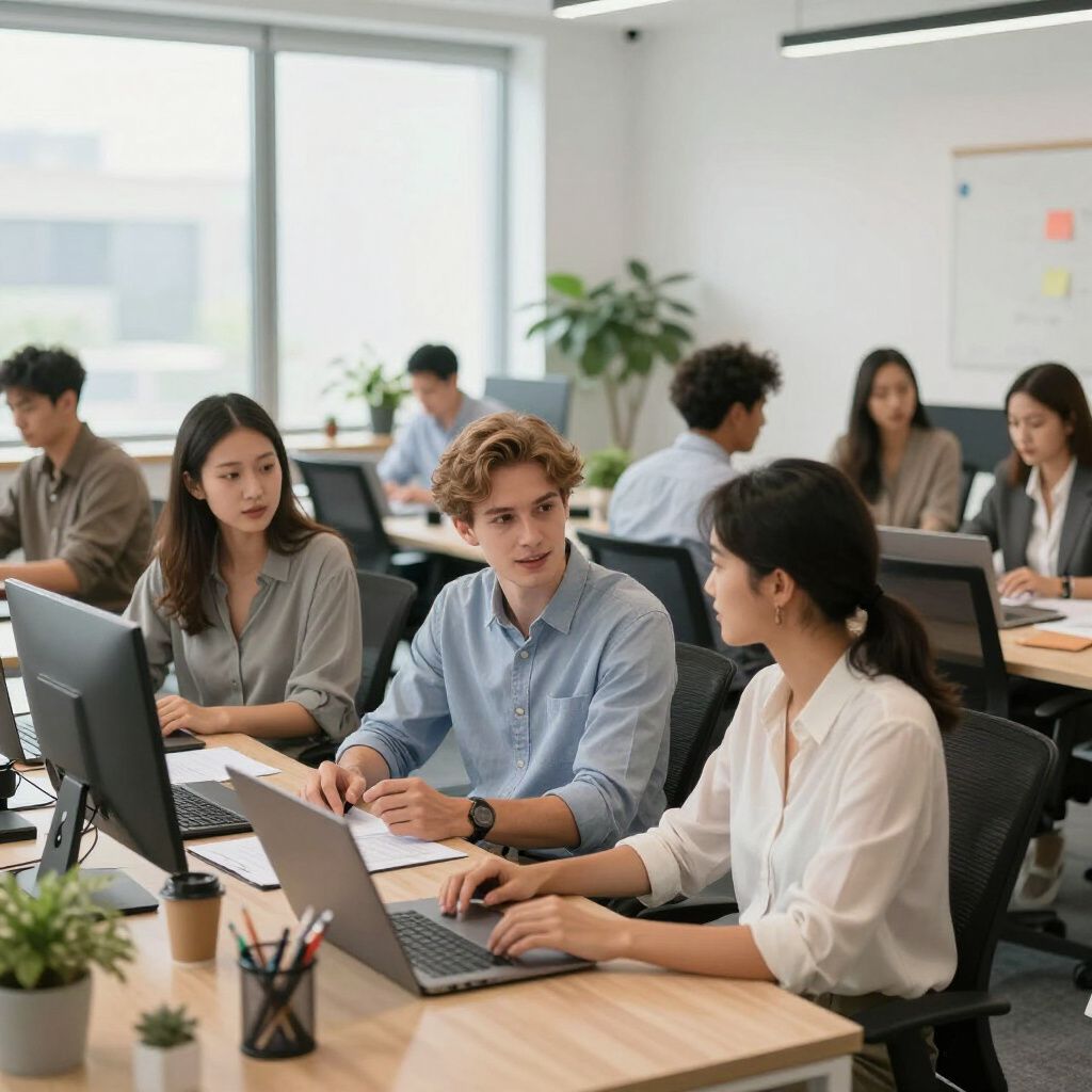 Kantoormedewerkers werken samen aan bureaus met computers; sommigen kijken naar schermen, anderen praten met elkaar, in een lichte kantoorruimte.