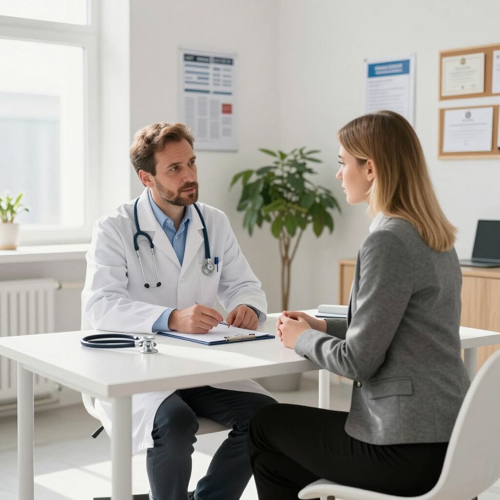 Een arts in een witte jas spreekt met een patiënt aan een bureau in een praktijk.