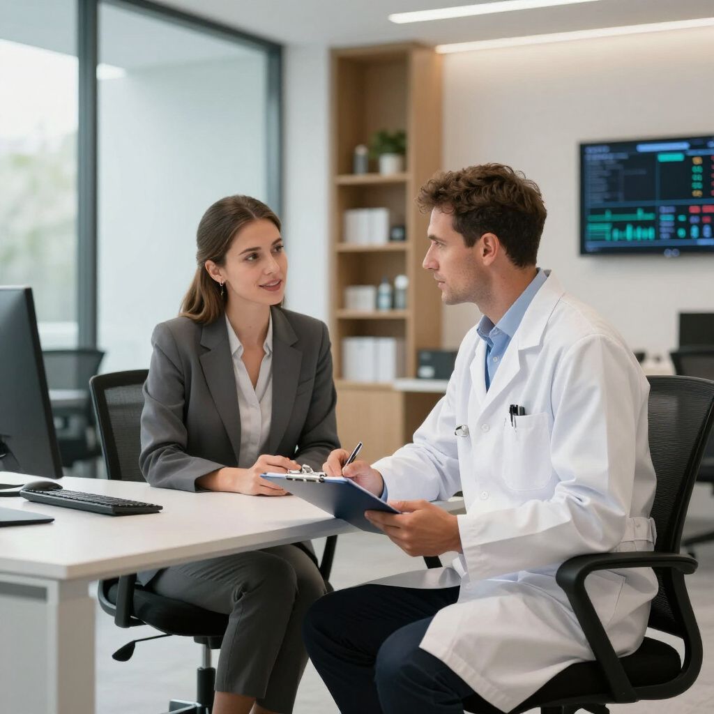 Een arts in een laboratoriumjas bespreekt aantekeningen met een vrouw in een grijs pak aan een bureau.
