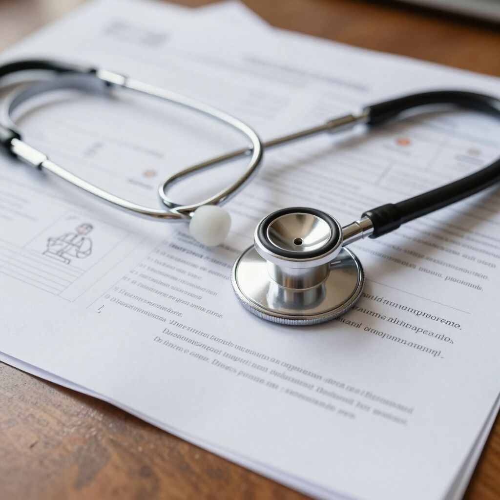 De stethoscoop ligt bovenop een medisch formulier, binnenshuis.