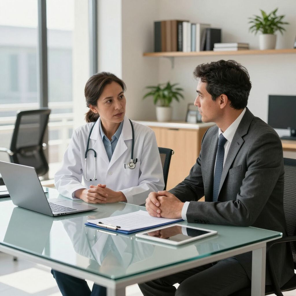Een arts in een witte jas overlegt met een persoon in een pak aan een bureau, waar een laptop en een tablet aanwezig zijn.