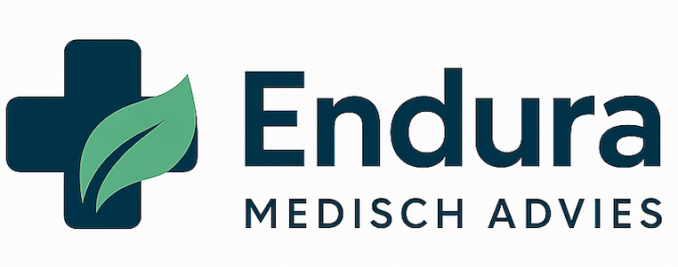 Logo for Endura Medisch Advies, featuring a teal cross with a leaf, and text 