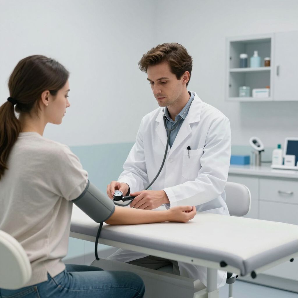 Een arts meet de bloeddruk van een patiënt in een dokterspraktijk.