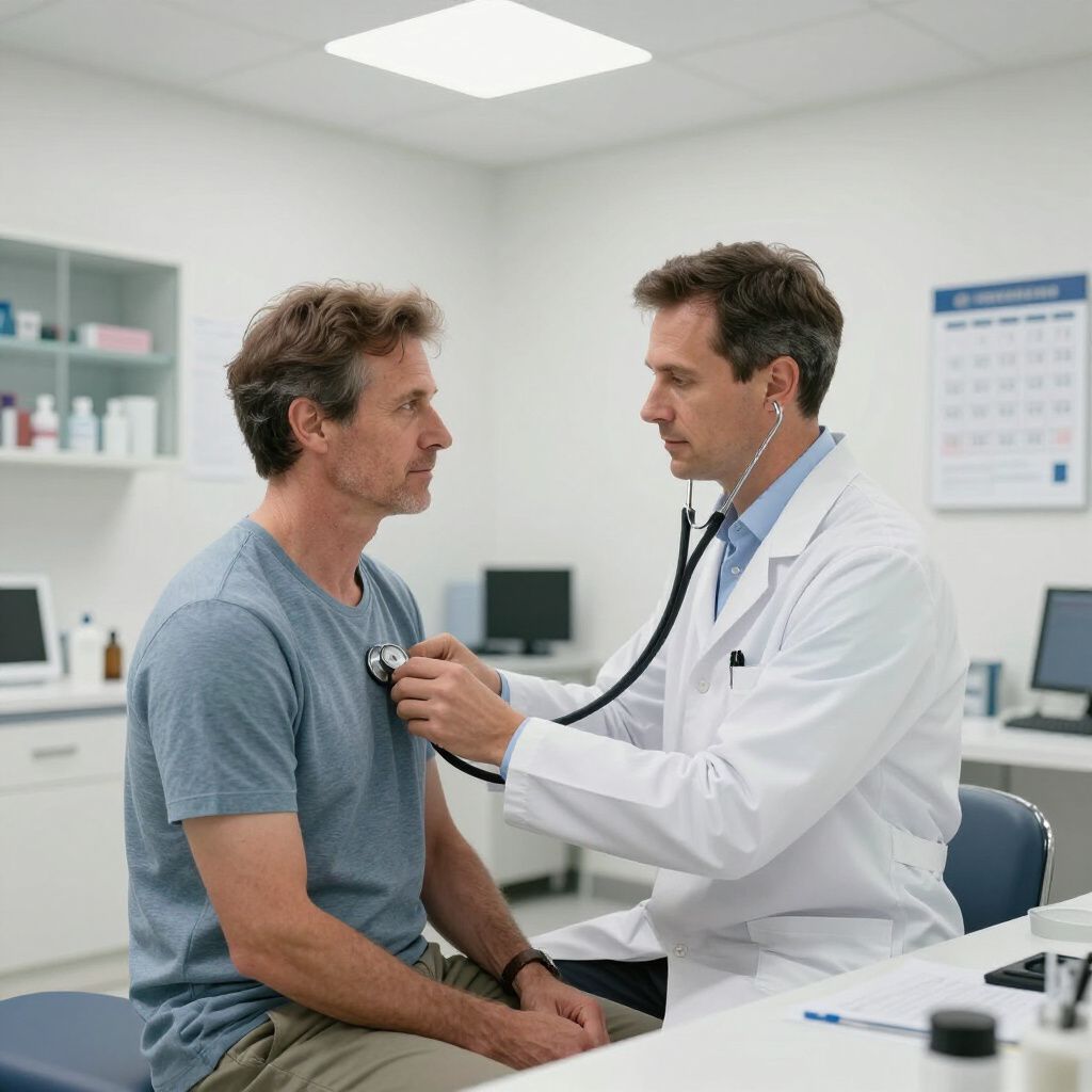 Een arts onderzoekt de borstkas van een patiënt met een stethoscoop in een dokterspraktijk.