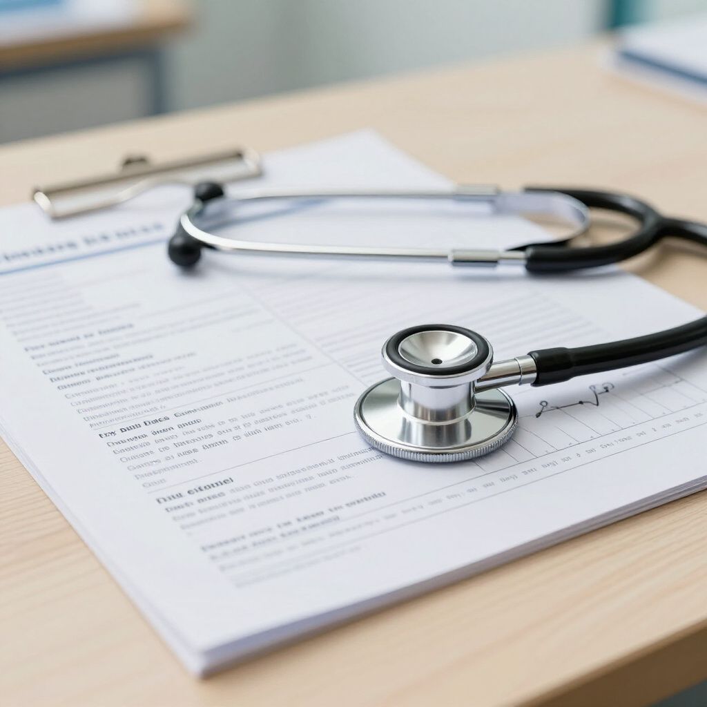 Stethoscoop bovenop medische documenten op een houten bureau.