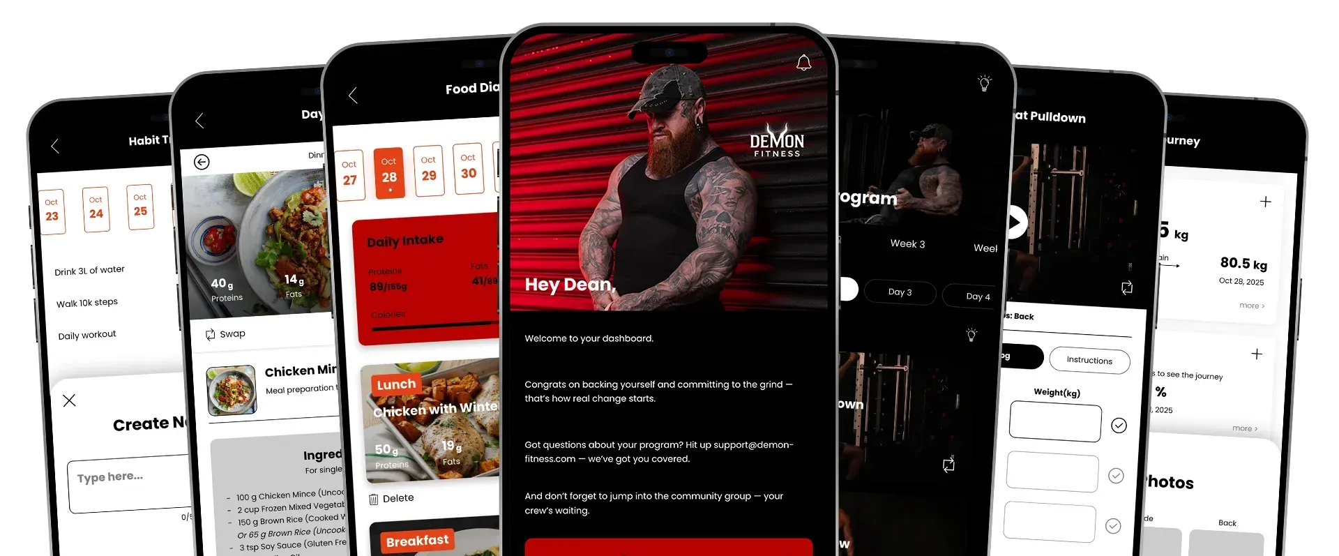 Seven mobile phones displaying Demon Fitness app interface. Featuring meal plan and workout plan screens.