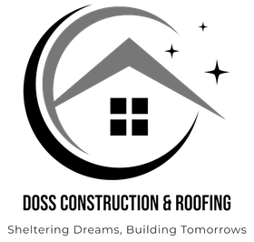 Logo: house roof with a curved crescent. "Doss Construction & Roofing". "Sheltering Dreams, Building Tomorrows".